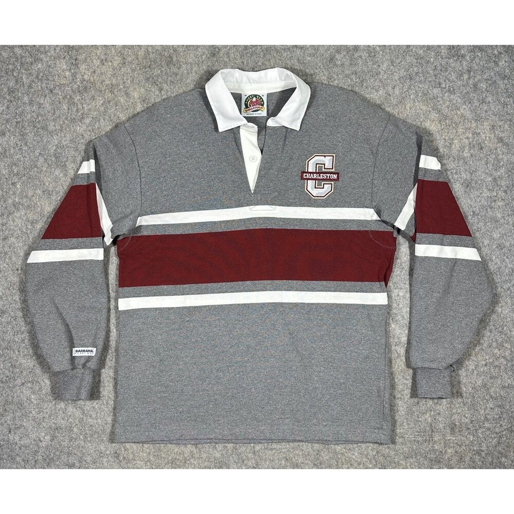 Barbarian Rugby Charleston Cougars Polo Shirt Men’s M Gray Burgundy Striped